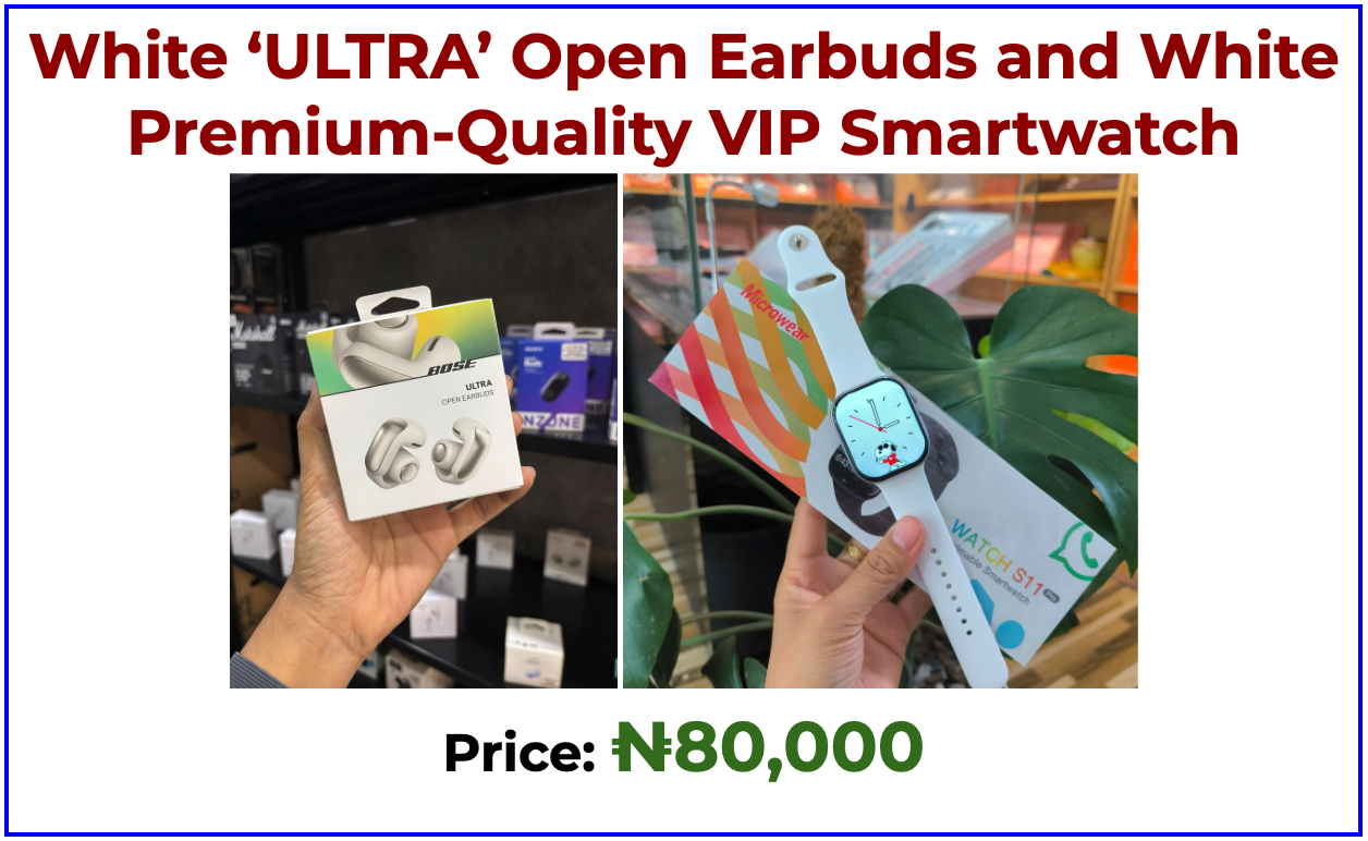 White ‘ULTRA’ Open Earbuds and White Premium-Quality VIP Smartwatch 