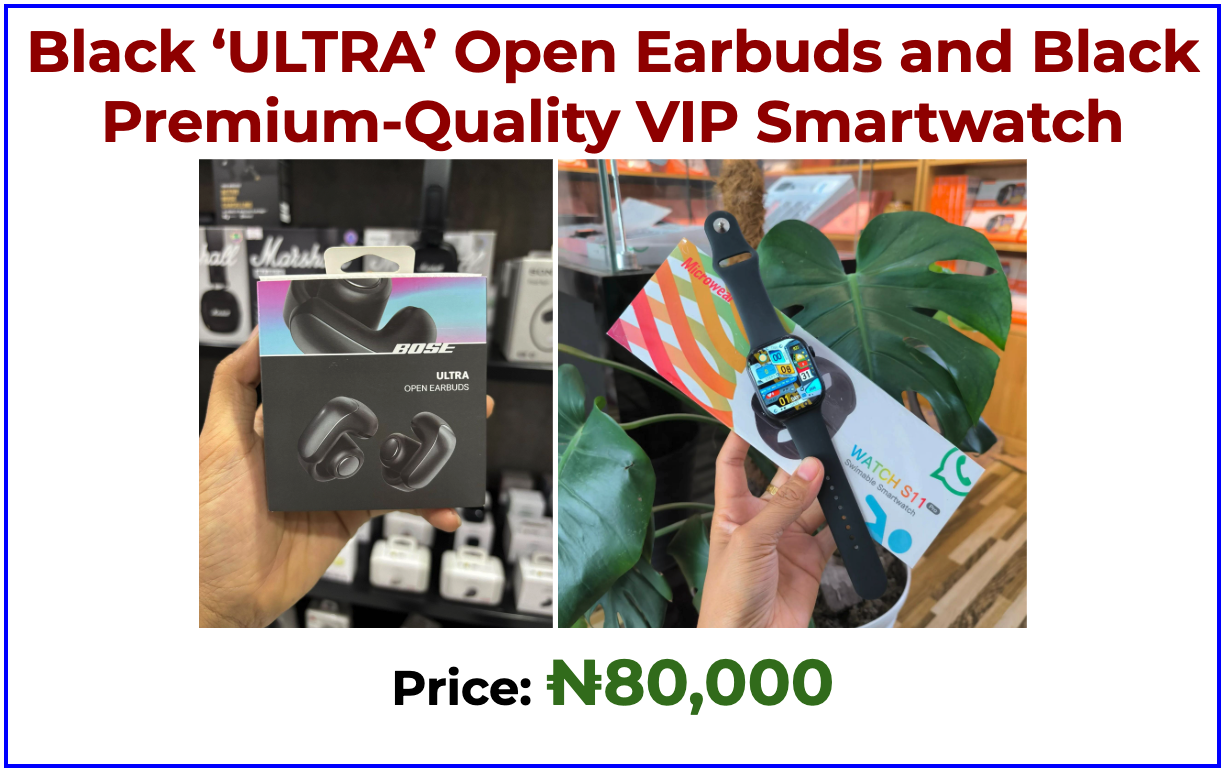 Black ‘ULTRA’ Open Earbuds and Black Premium-Quality VIP Smartwatch 